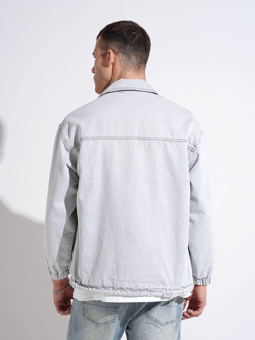 Men's Embroidered Grey Typography Denim Jacket