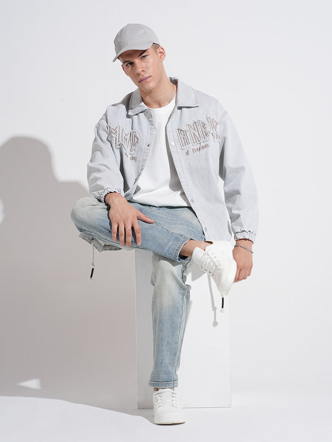 Men's Embroidered Grey Typography Denim Jacket