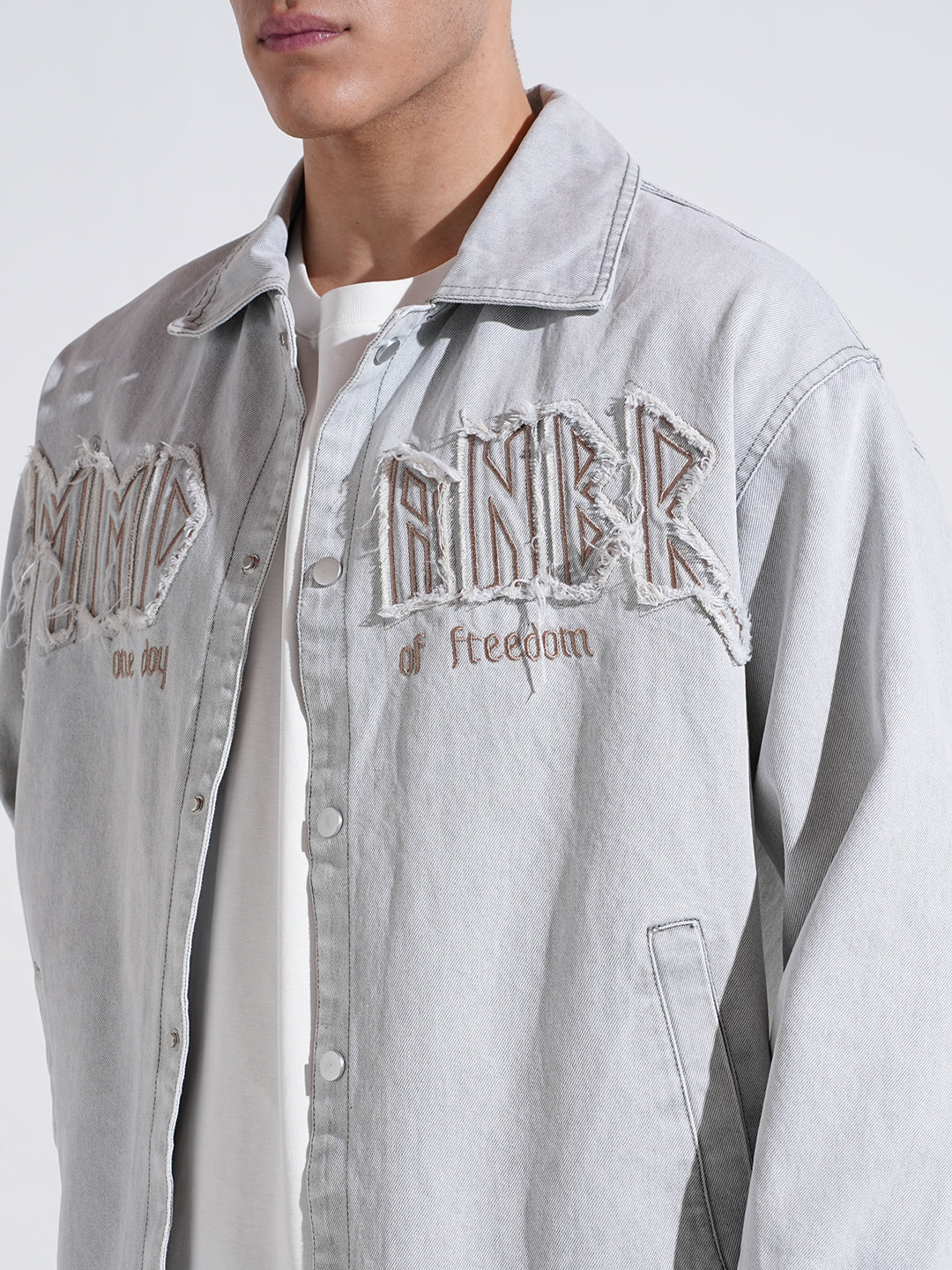 Men's Embroidered Grey Typography Denim Jacket