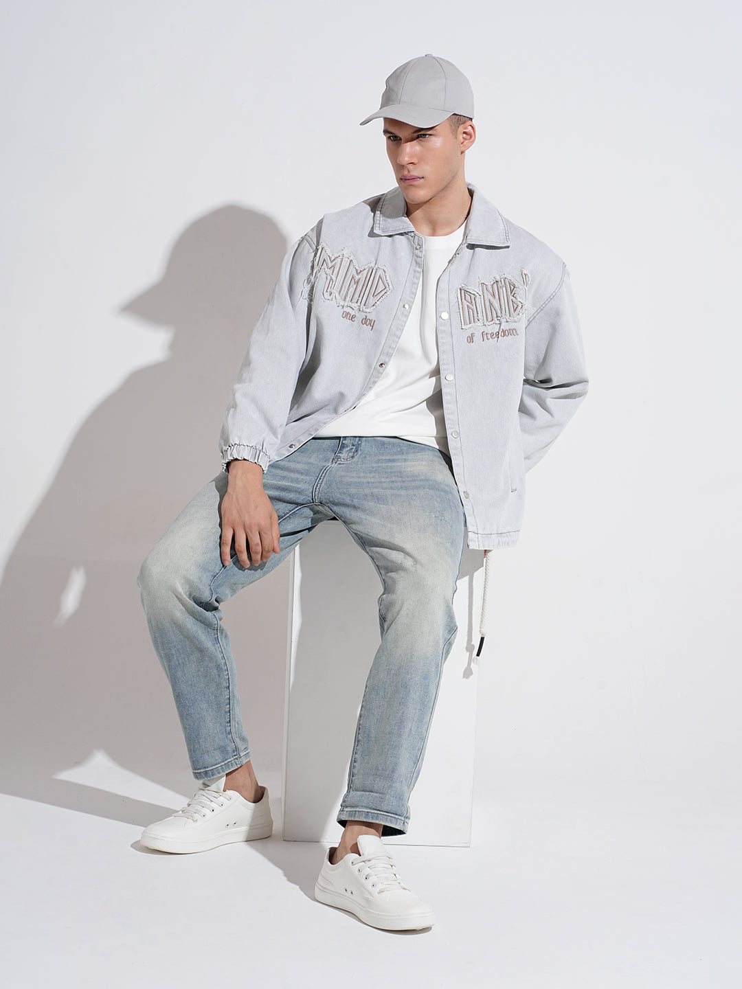 Men's Embroidered Grey Typography Denim Jacket