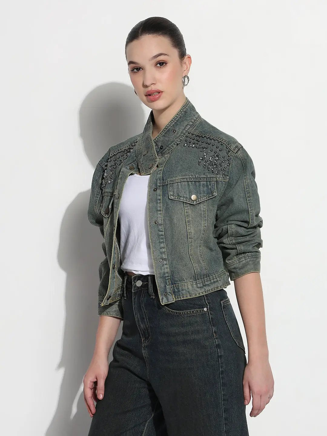 Women's Embellished Blue Stand Collar Relaxed Fit Denim Jacket - from SHOWOFFFF