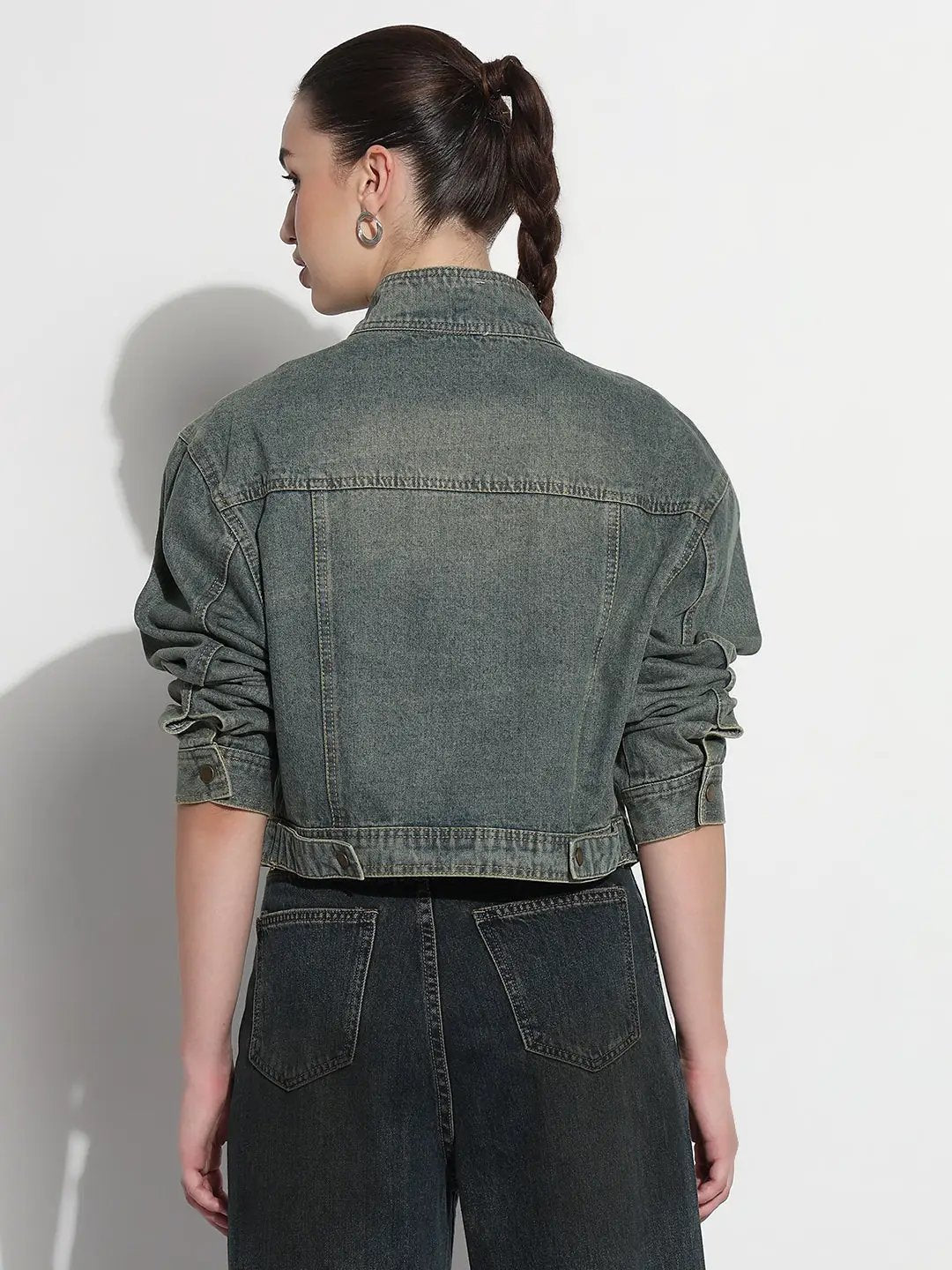 Women's Embellished Blue Stand Collar Relaxed Fit Denim Jacket - from SHOWOFFFF