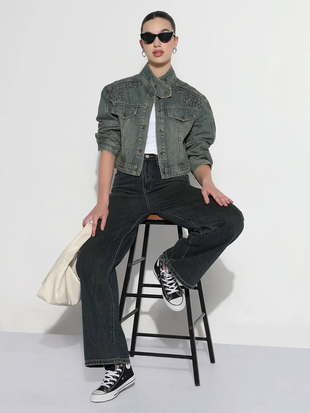 Women's Embellished Blue Stand Collar Relaxed Fit Denim Jacket - from SHOWOFFFF