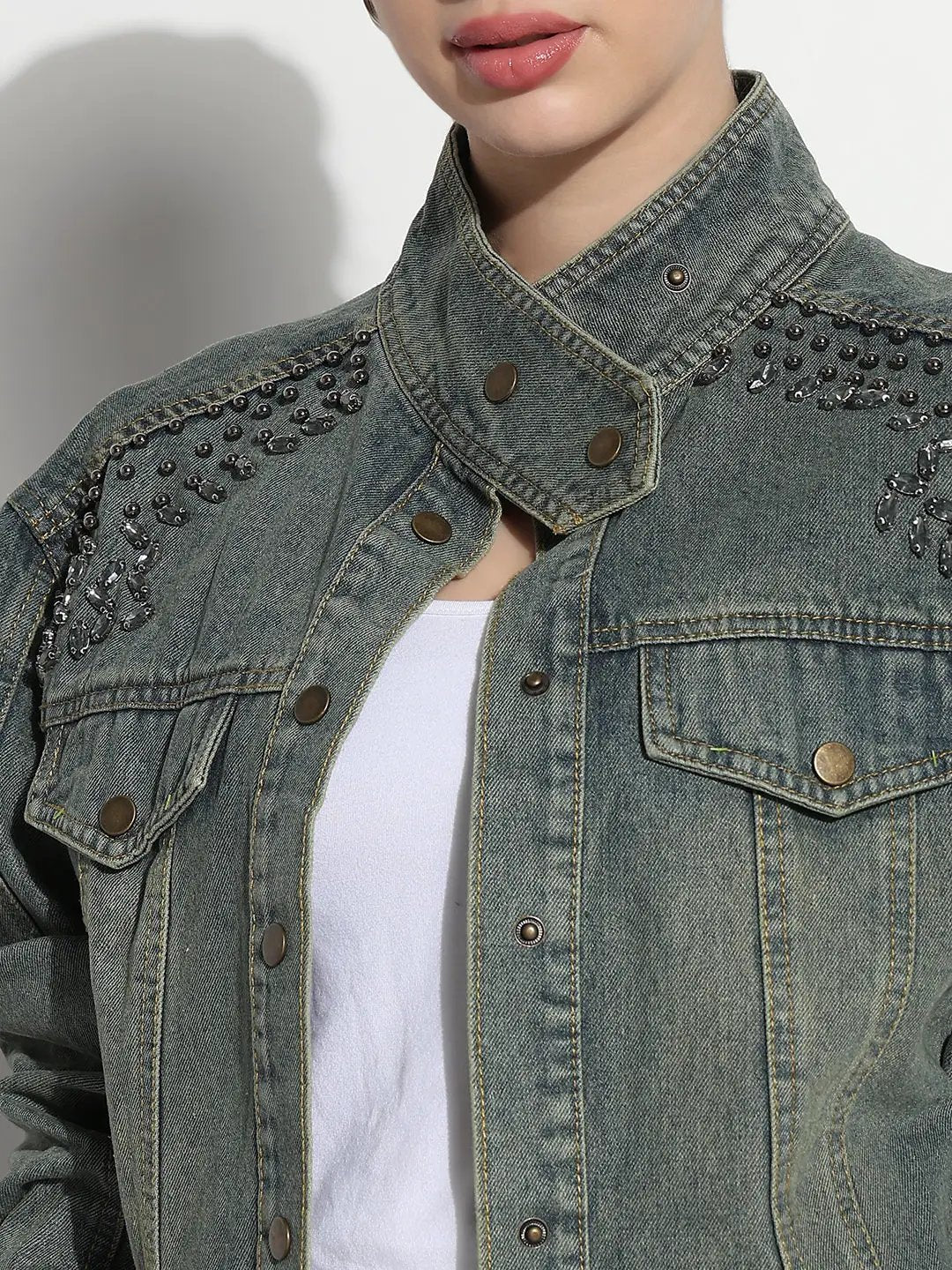 Women's Embellished Blue Stand Collar Relaxed Fit Denim Jacket - from SHOWOFFFF