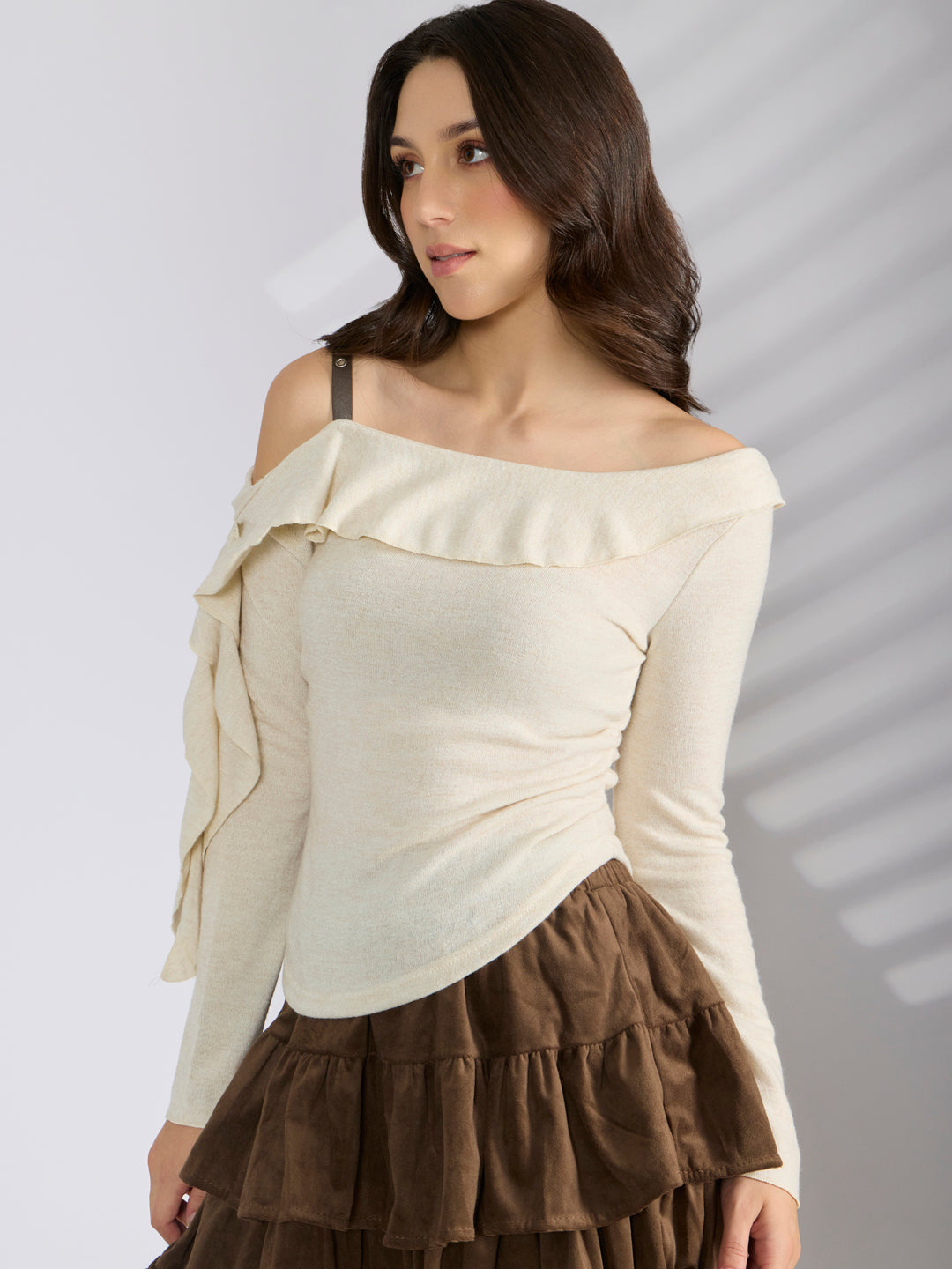 Women's Beige Off Shoulder Top with Ruffle Detail