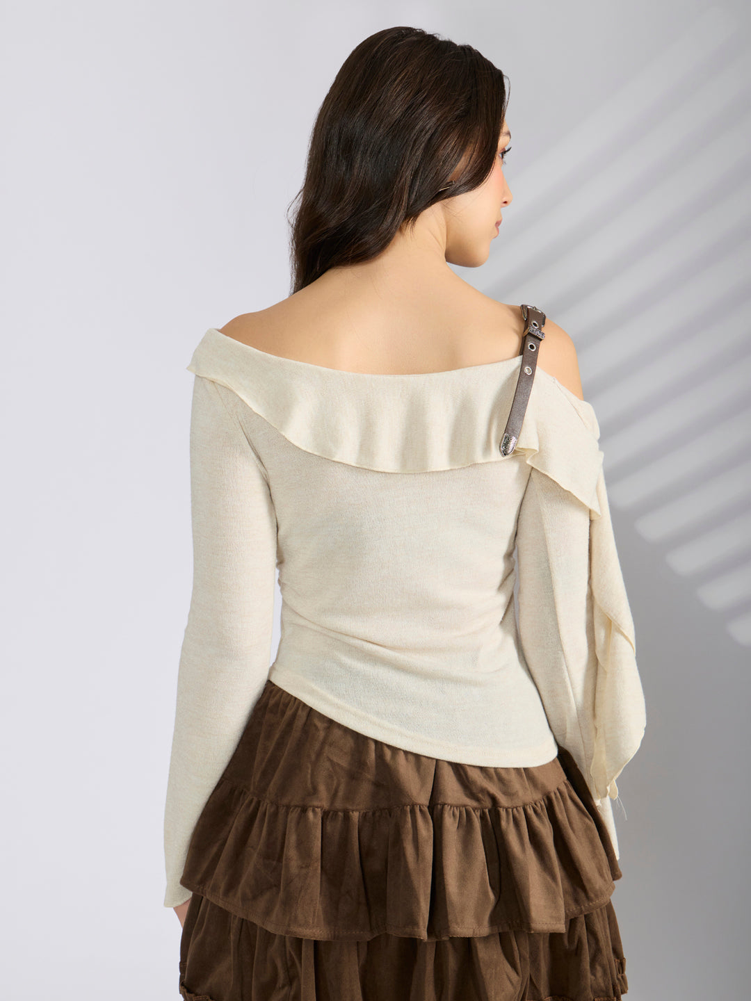 Women's Beige Off Shoulder Top with Ruffle Detail