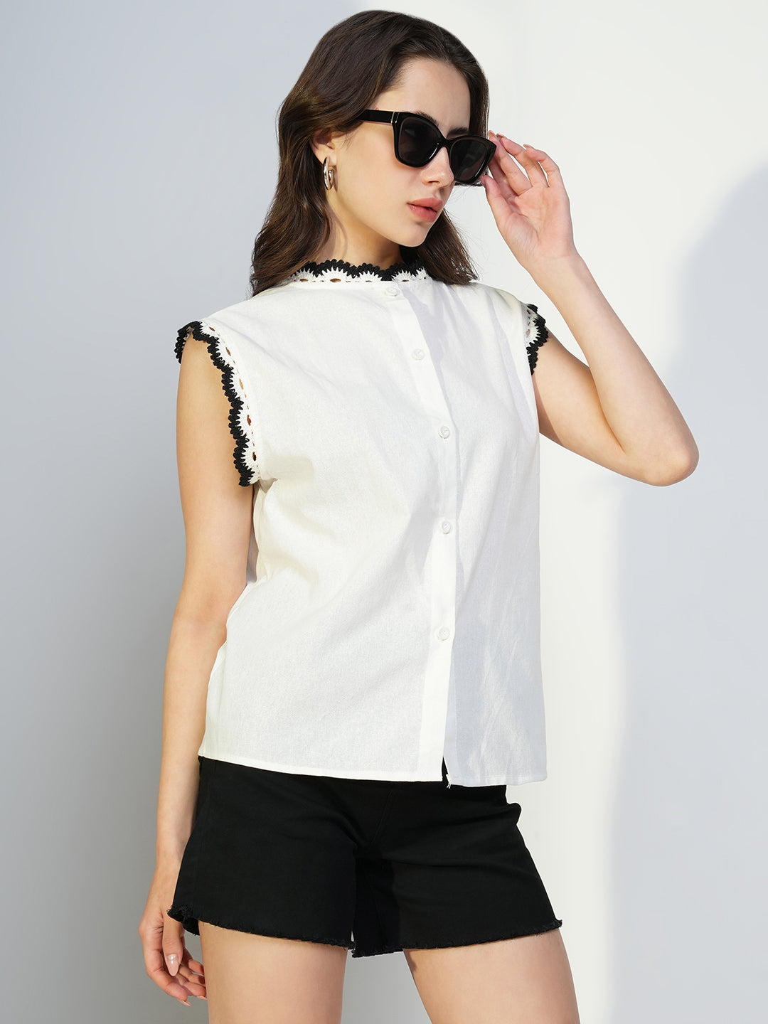 Women's Off White Round Neck Sleeveless Lace-Up Top