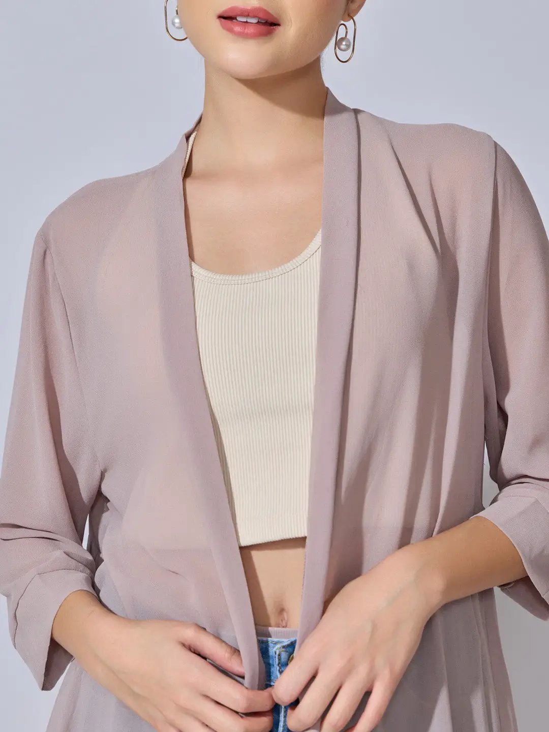 Women's Ribbed Beige Longline Open Front Shrug - from SHOWOFFFF