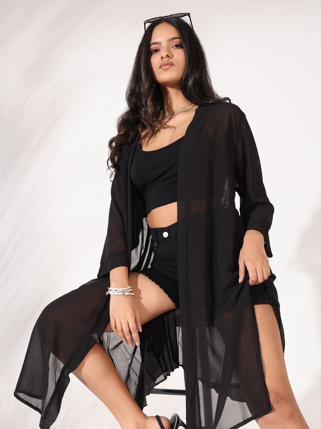 Women Black Solid Longline Shrug