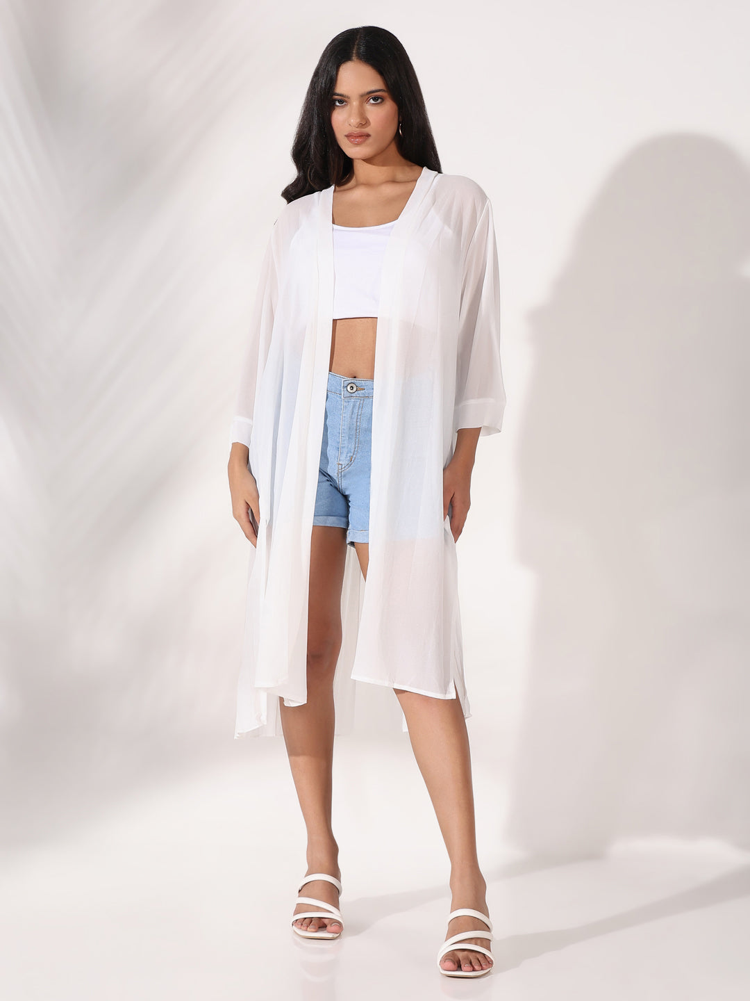 Women White Solid Longline Shrug