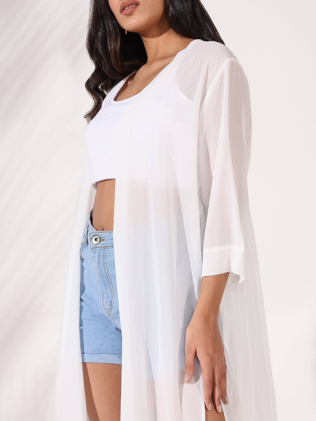 Women's White Self Design Longline Crochet Acrylic Open Front Shrug