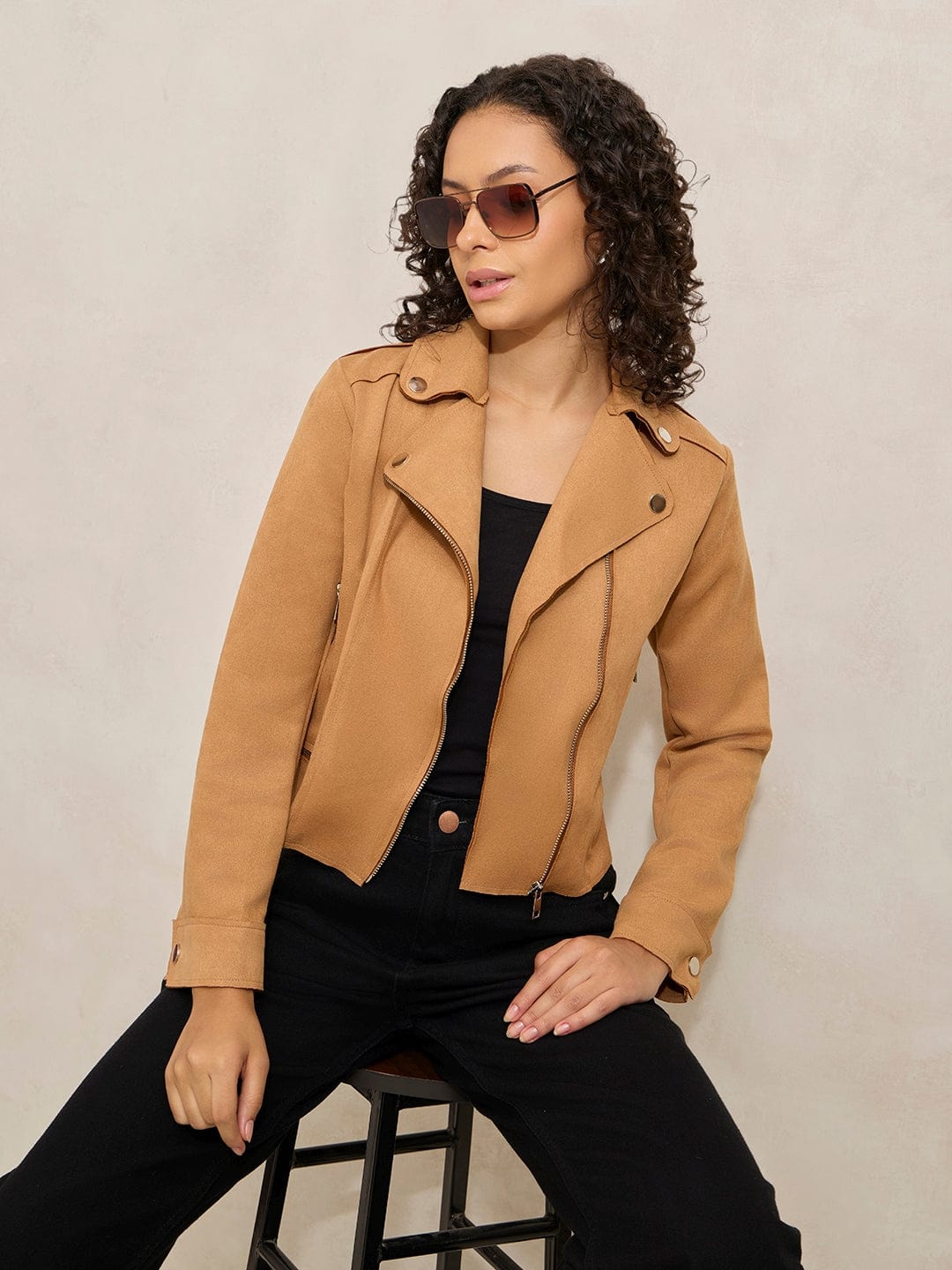Women's Brown Asymmetric Zipper Biker Jacket