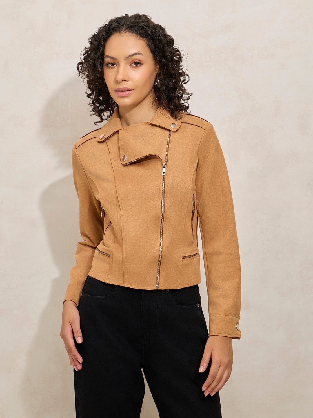 Women's Brown Asymmetric Zipper Biker Jacket