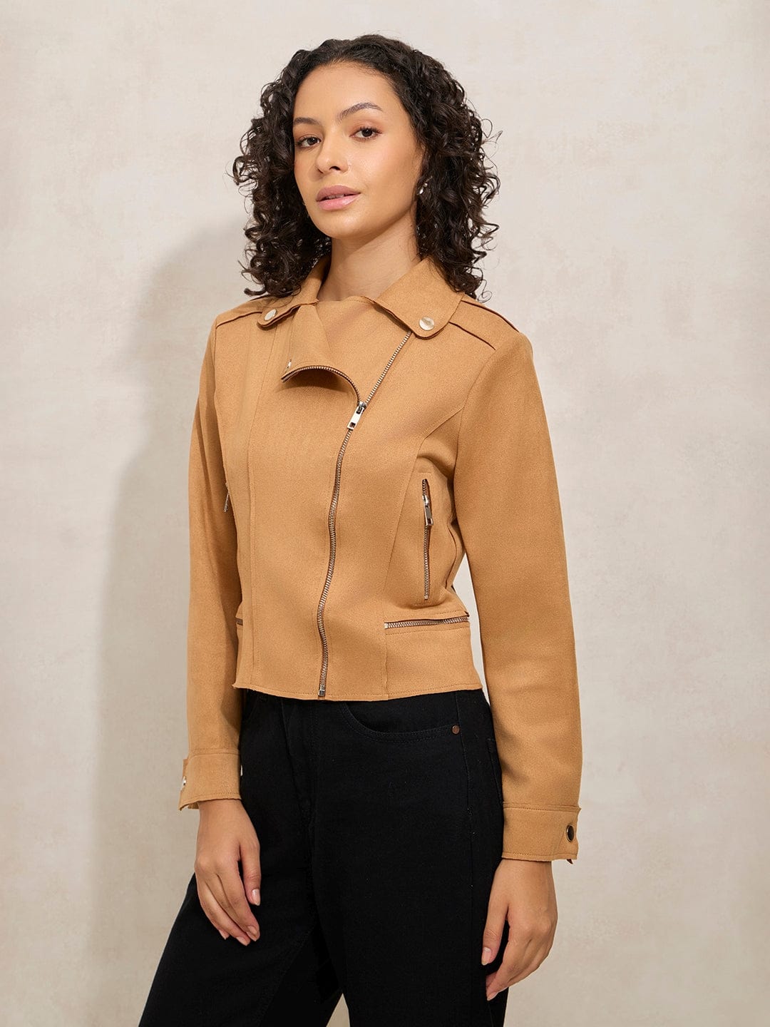 Women's Brown Asymmetric Zipper Biker Jacket