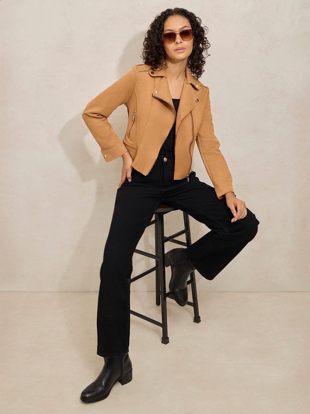 Women's Brown Asymmetric Zipper Biker Jacket