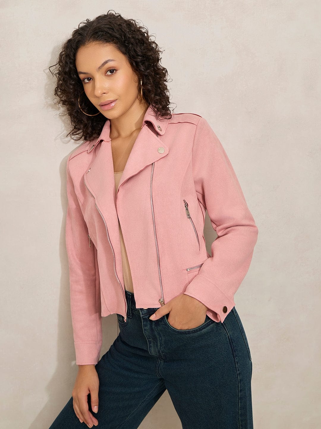 Women's Pink Asymmetric Zipper Biker Jacket