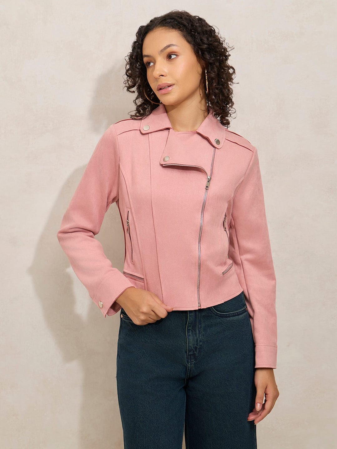 Women's Pink Asymmetric Zipper Biker Jacket