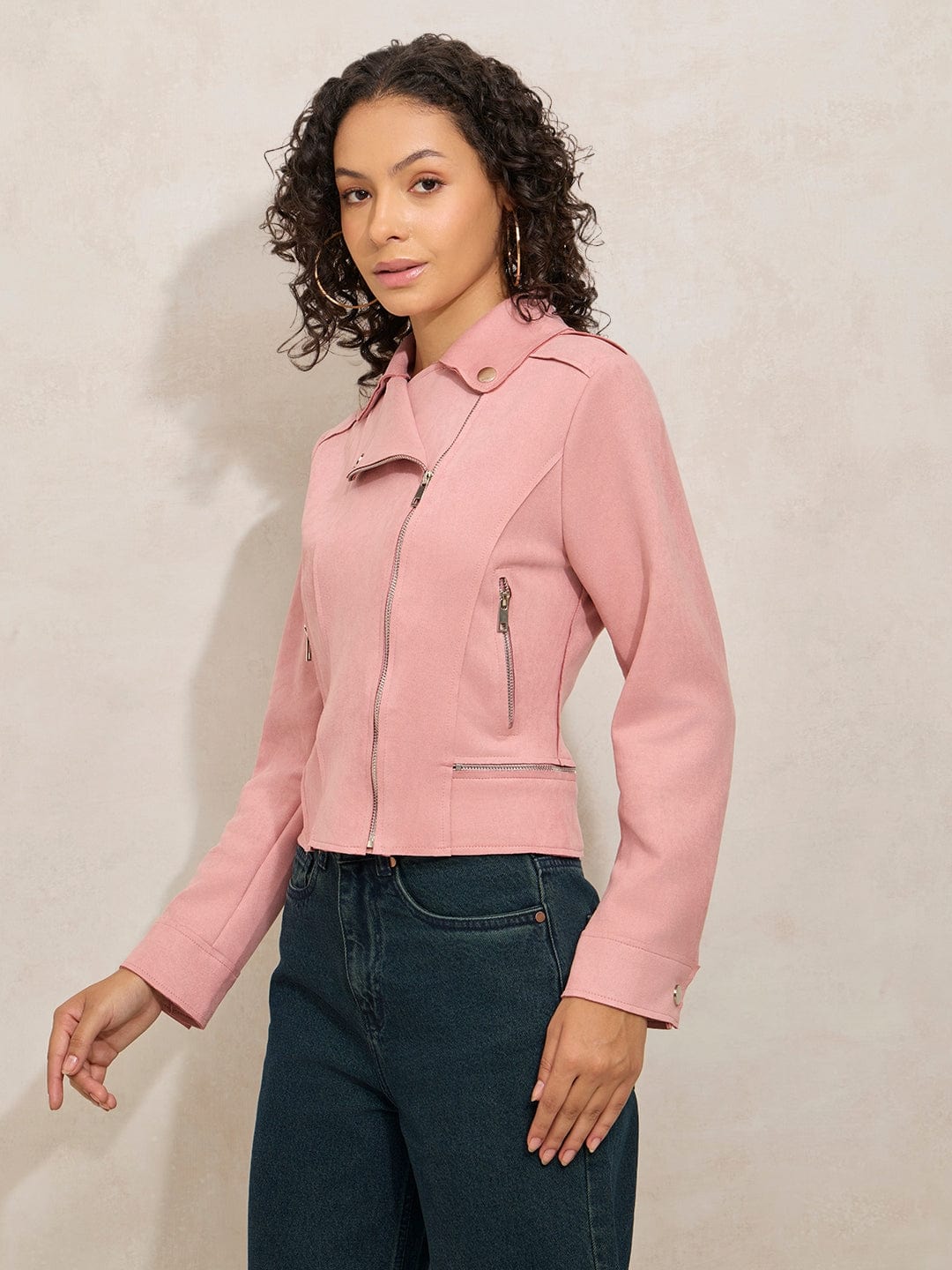 Women's Pink Asymmetric Zipper Biker Jacket