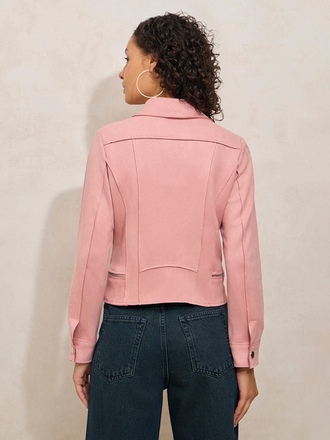 Women's Pink Asymmetric Zipper Biker Jacket
