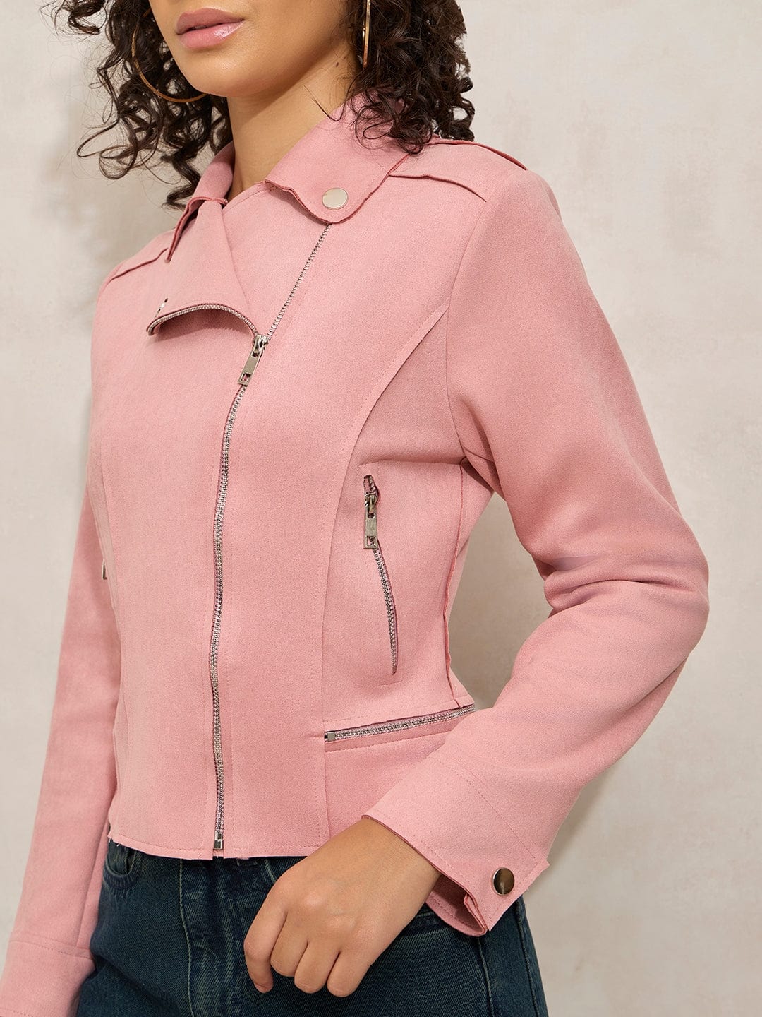 Women's Pink Asymmetric Zipper Biker Jacket