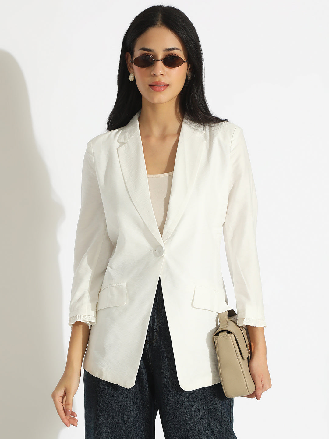 Women's White Single-Breasted Blazer with 3/4 Sleeve and Ruched Cuff