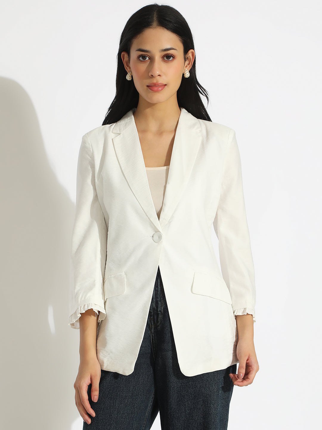 Women's White Single-Breasted Blazer with 3/4 Sleeve and Ruched Cuff