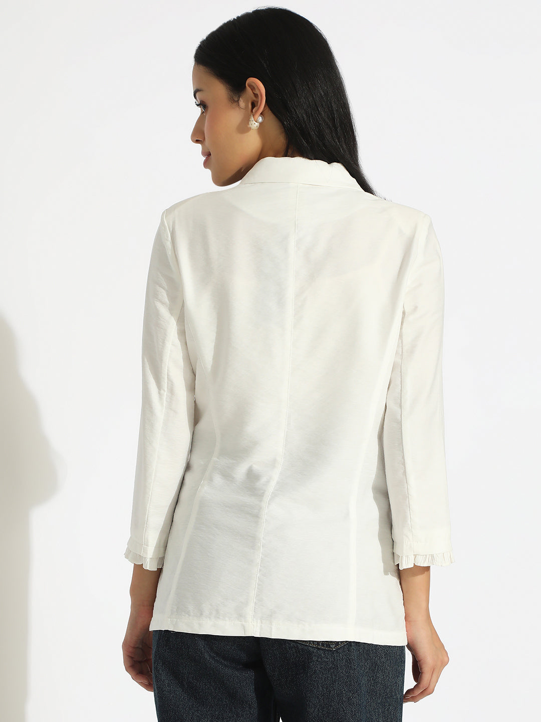 Women's White Single-Breasted Blazer with 3/4 Sleeve and Ruched Cuff