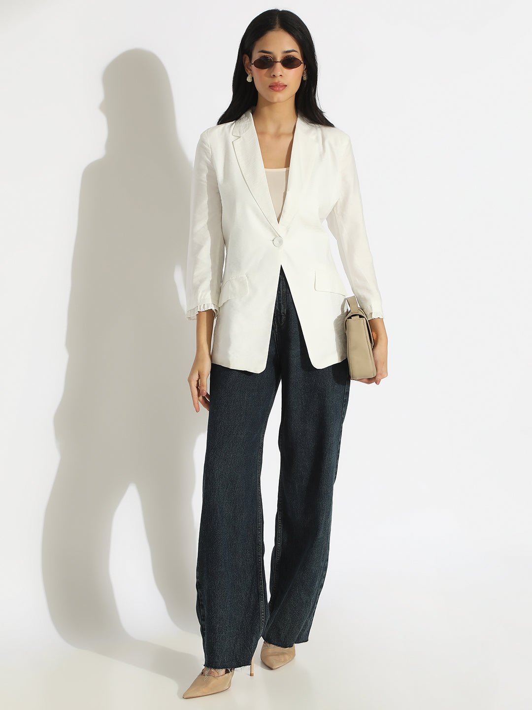 Women's White Single-Breasted Blazer with 3/4 Sleeve and Ruched Cuff
