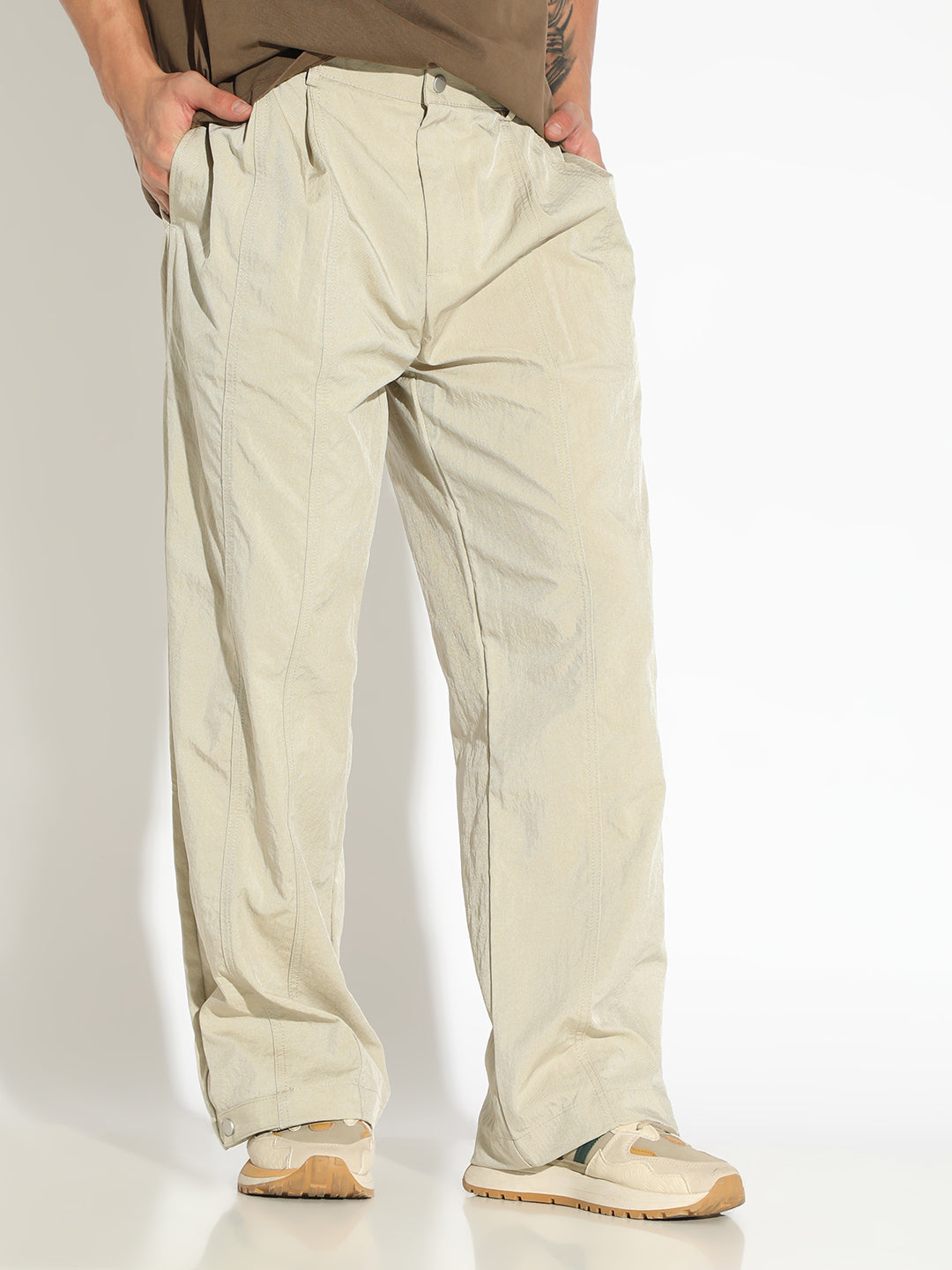 Men's Beige Straight Fit Pleated Trousers with Adjustable Waist