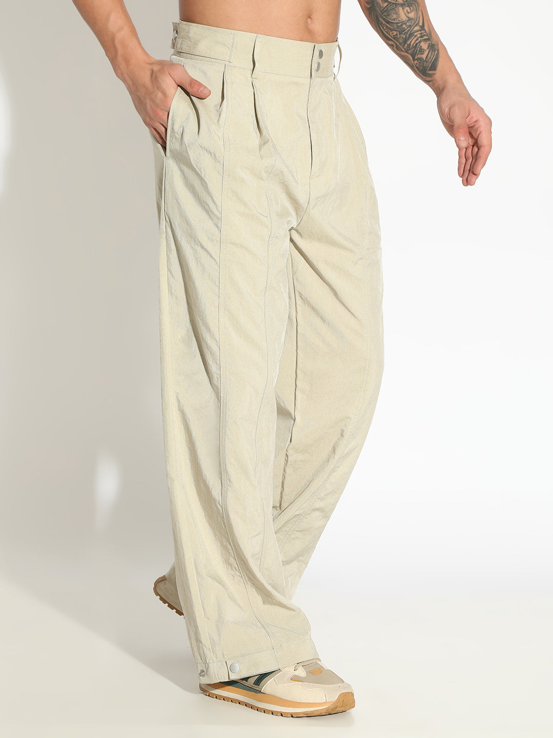 Men's Beige Straight Fit Pleated Trousers with Adjustable Waist