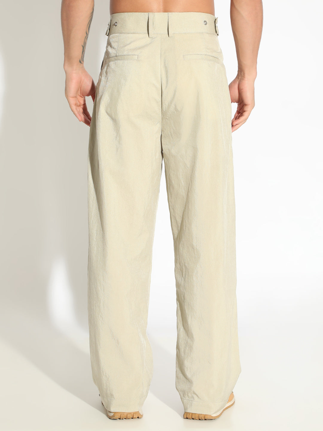 Men's Beige Straight Fit Pleated Trousers with Adjustable Waist