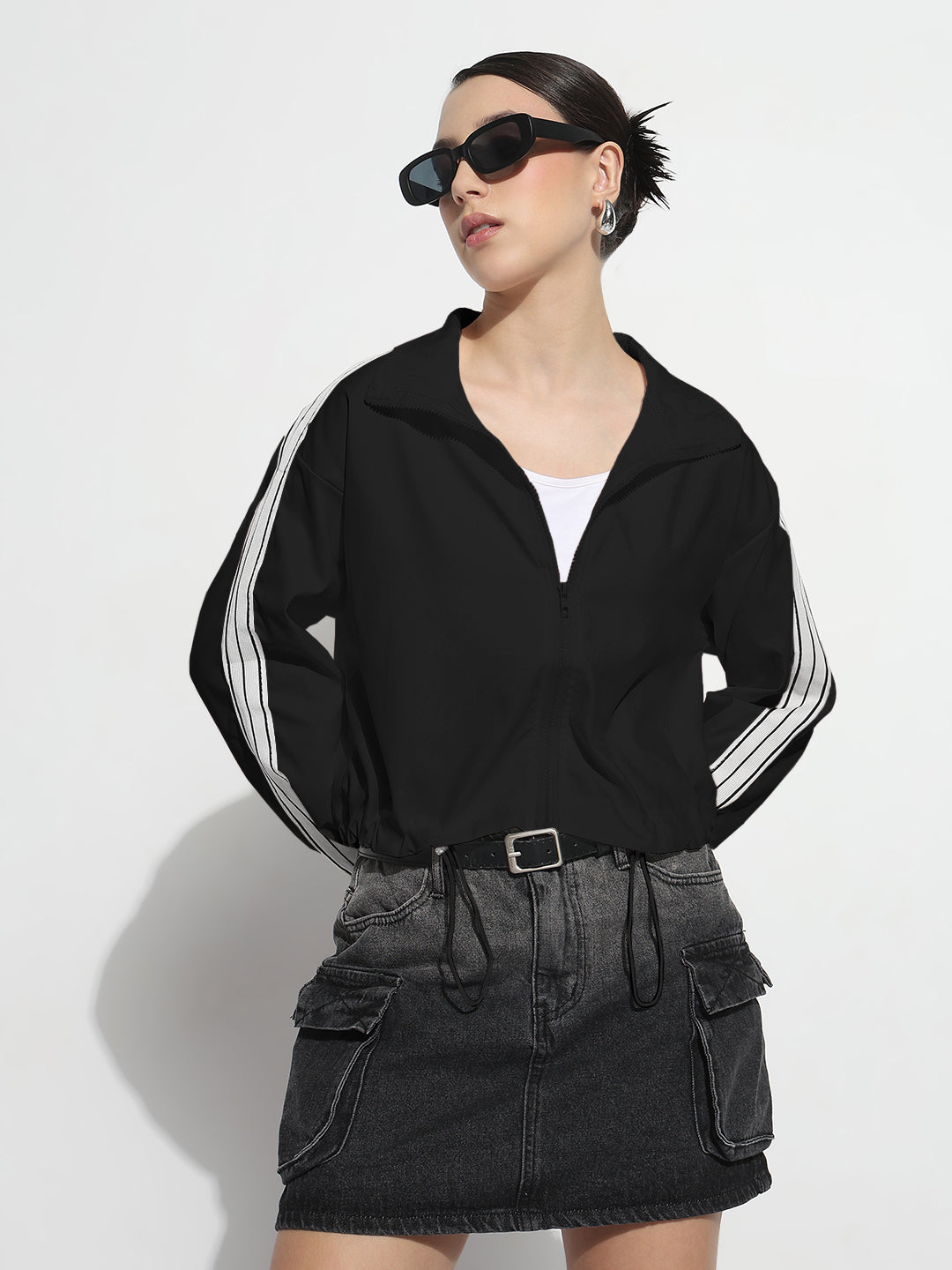 Women's Black Mock Collar Relaxed Fit Zipper Jacket with Striped Tape Detail