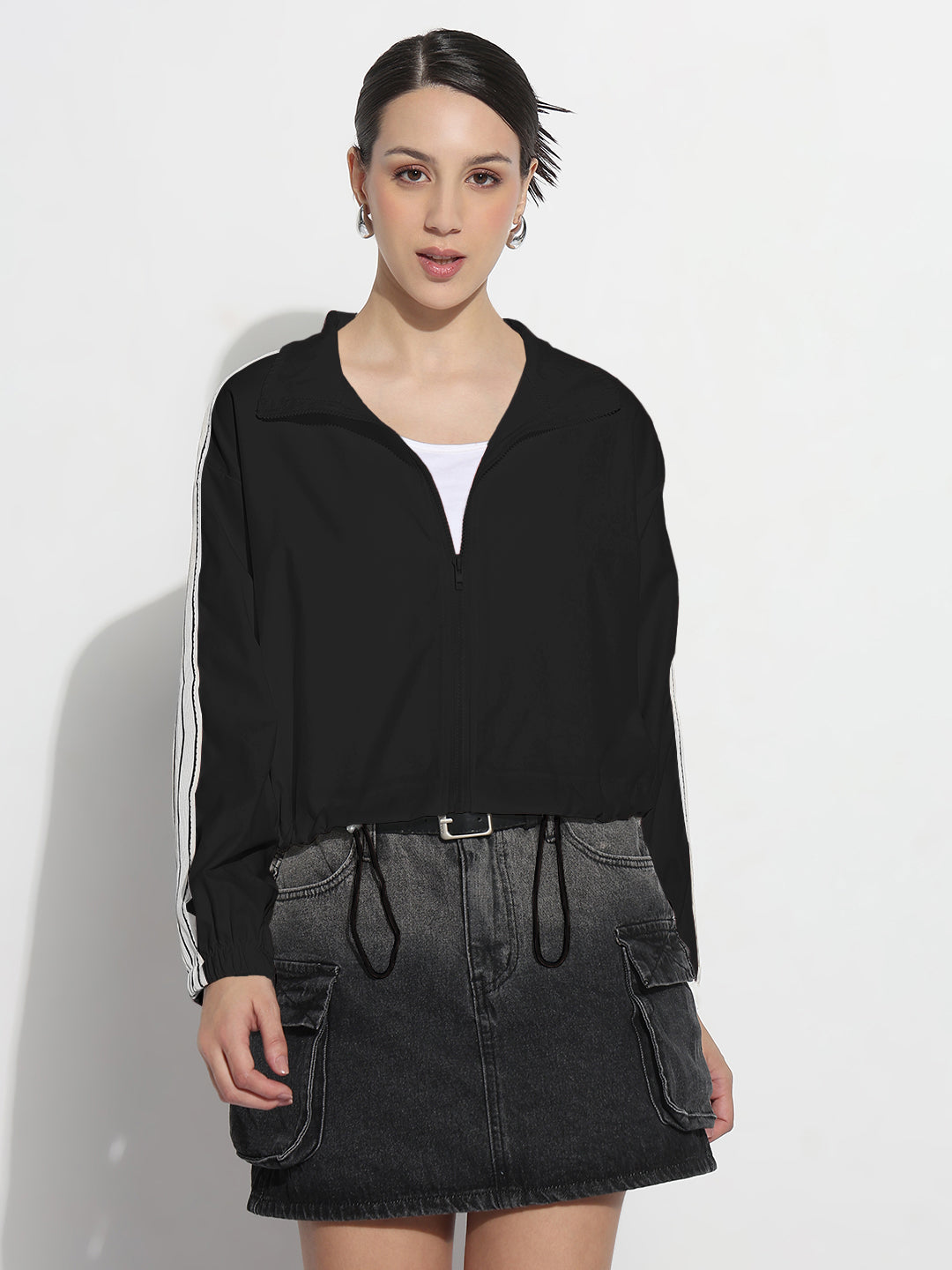 Women's Black Mock Collar Relaxed Fit Zipper Jacket with Striped Tape Detail