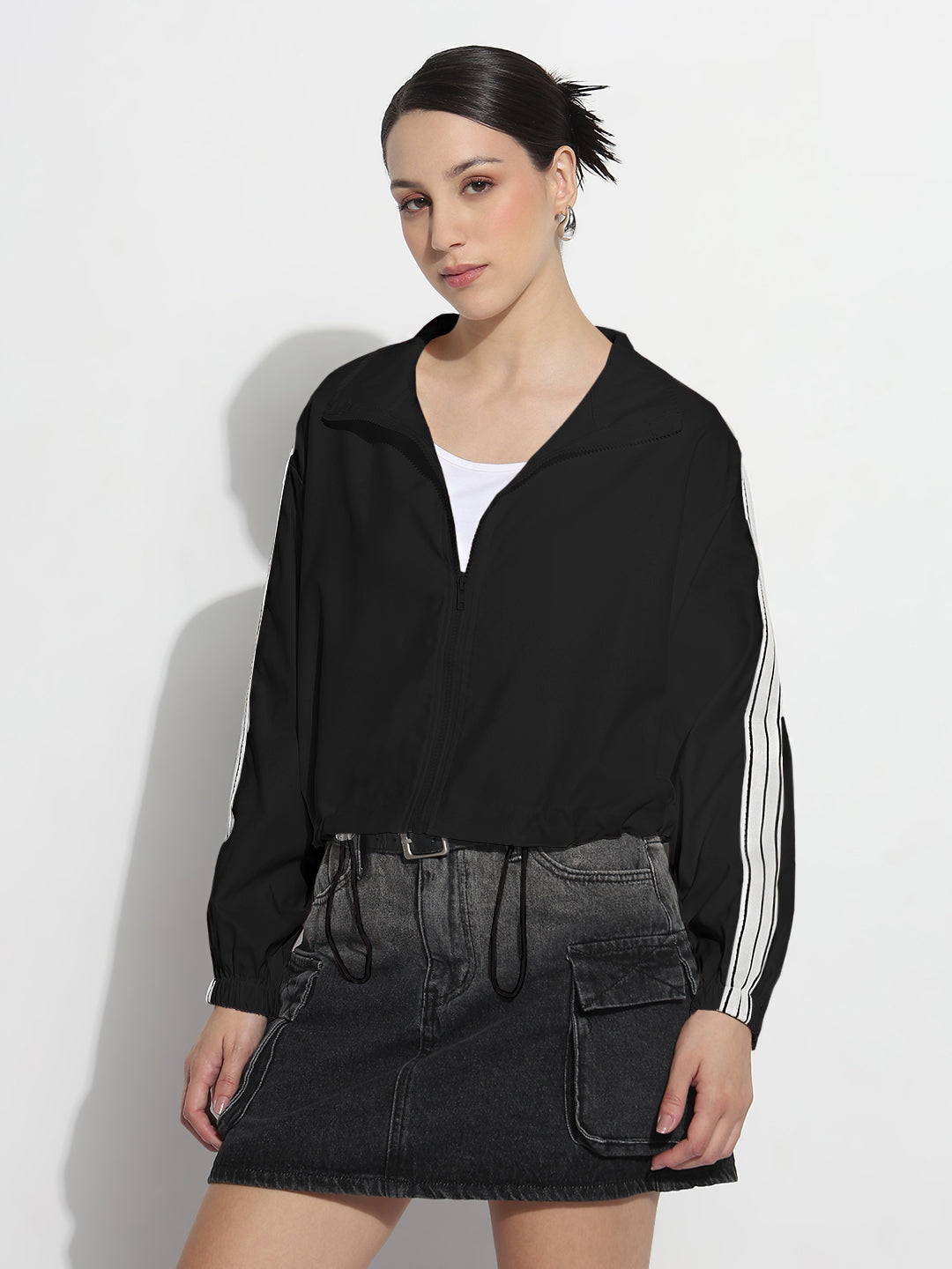 Women's Black Mock Collar Relaxed Fit Zipper Jacket with Striped Tape Detail