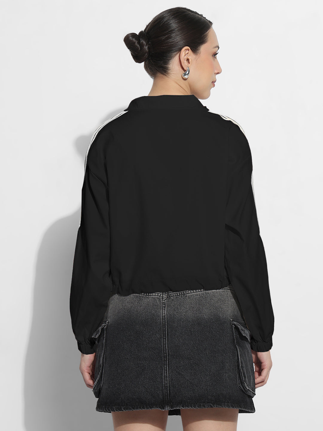 Women's Black Mock Collar Relaxed Fit Zipper Jacket with Striped Tape Detail