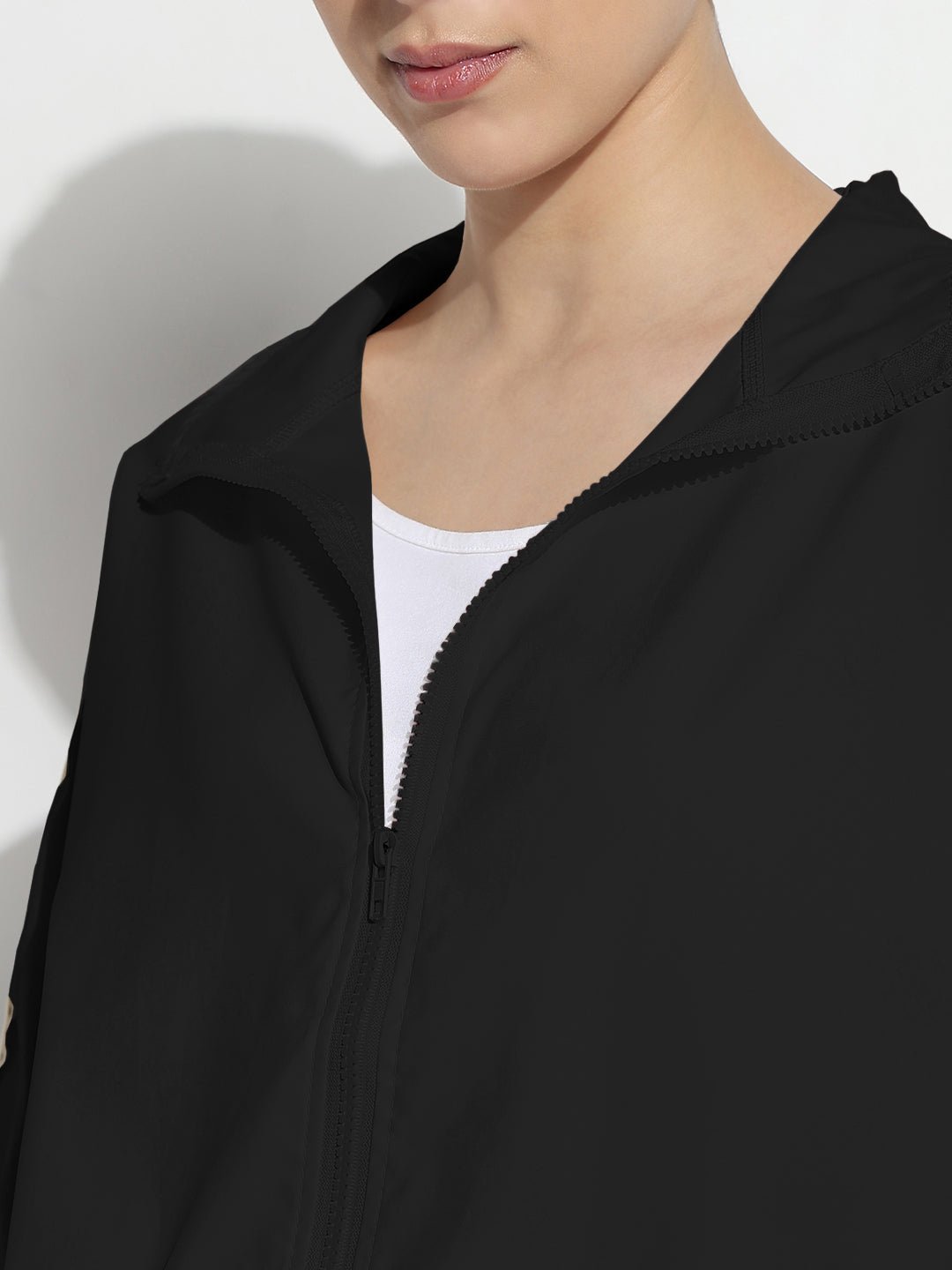 Women's Black Mock Collar Relaxed Fit Zipper Jacket with Striped Tape Detail