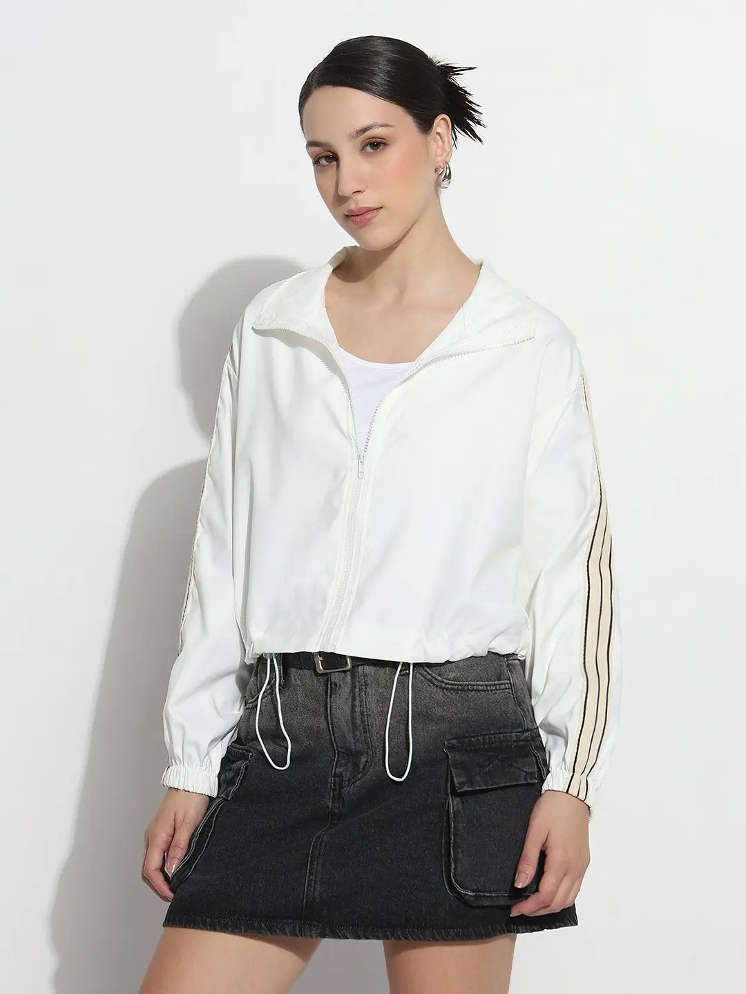 Women's White Mock Collar Relaxed Fit Zipper Jacket with Striped Tape Detail - from SHOWOFFFF