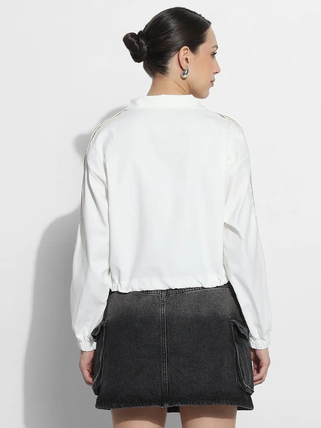 Women's White Mock Collar Relaxed Fit Zipper Jacket with Striped Tape Detail - from SHOWOFFFF