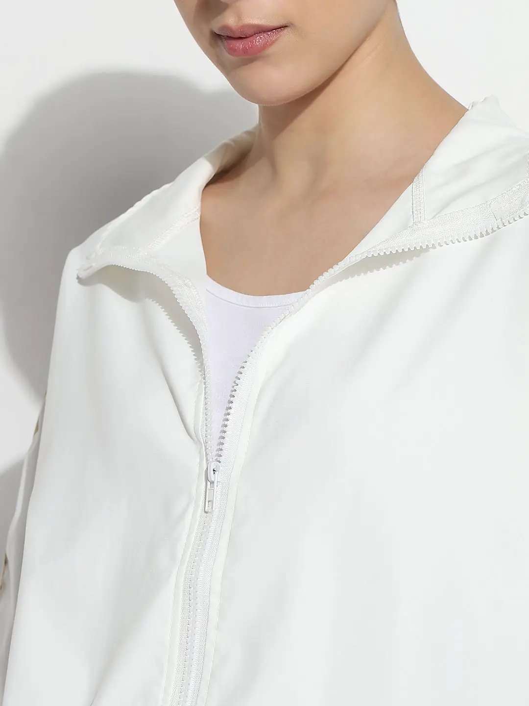 Women's White Mock Collar Relaxed Fit Zipper Jacket with Striped Tape Detail - from SHOWOFFFF