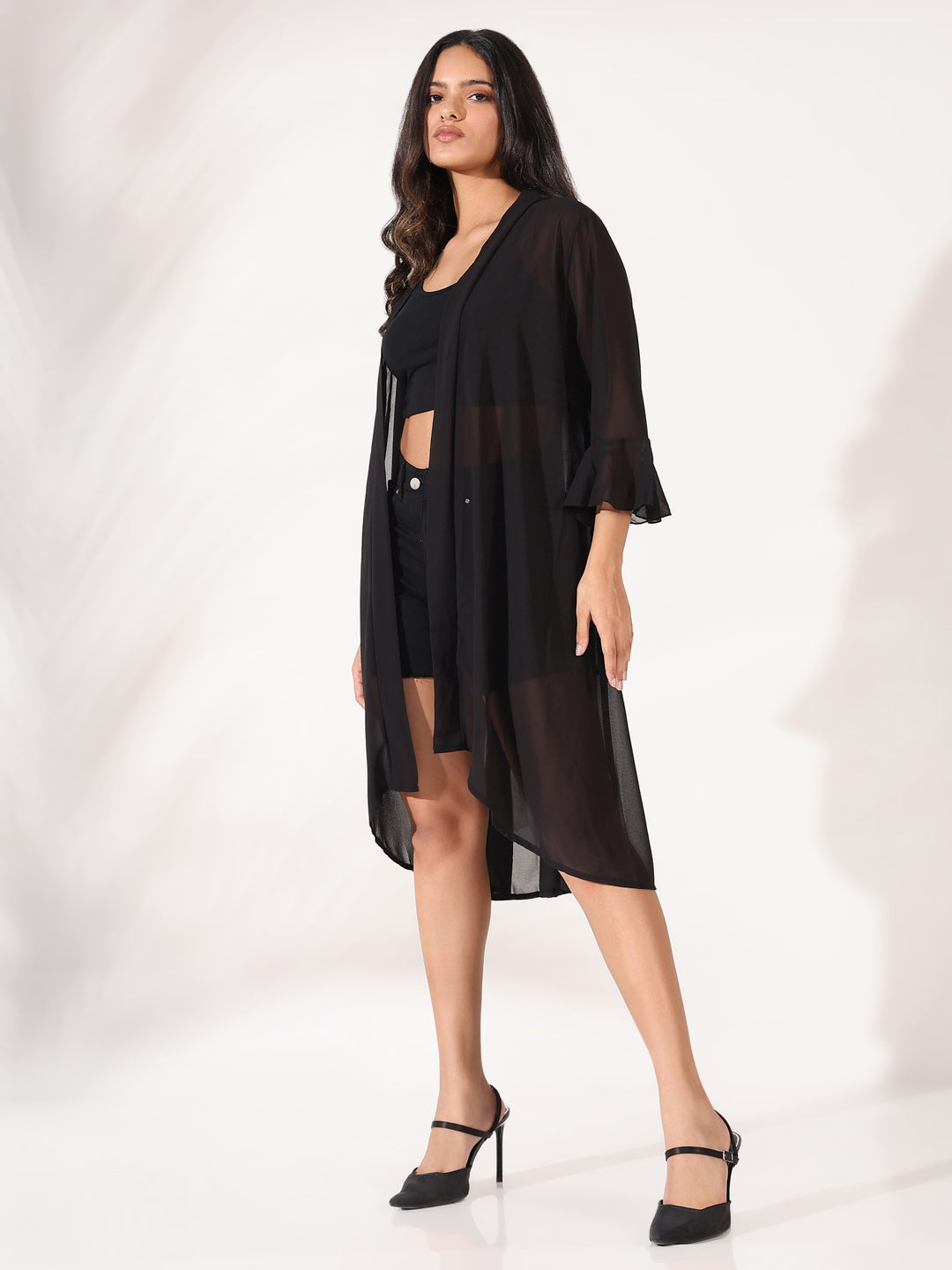 Women Black Solid Longline Shrug