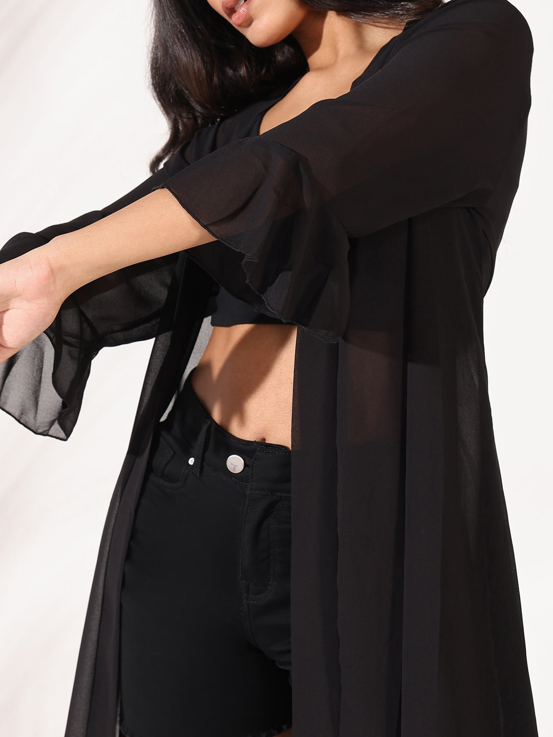 Women Black Solid Longline Shrug