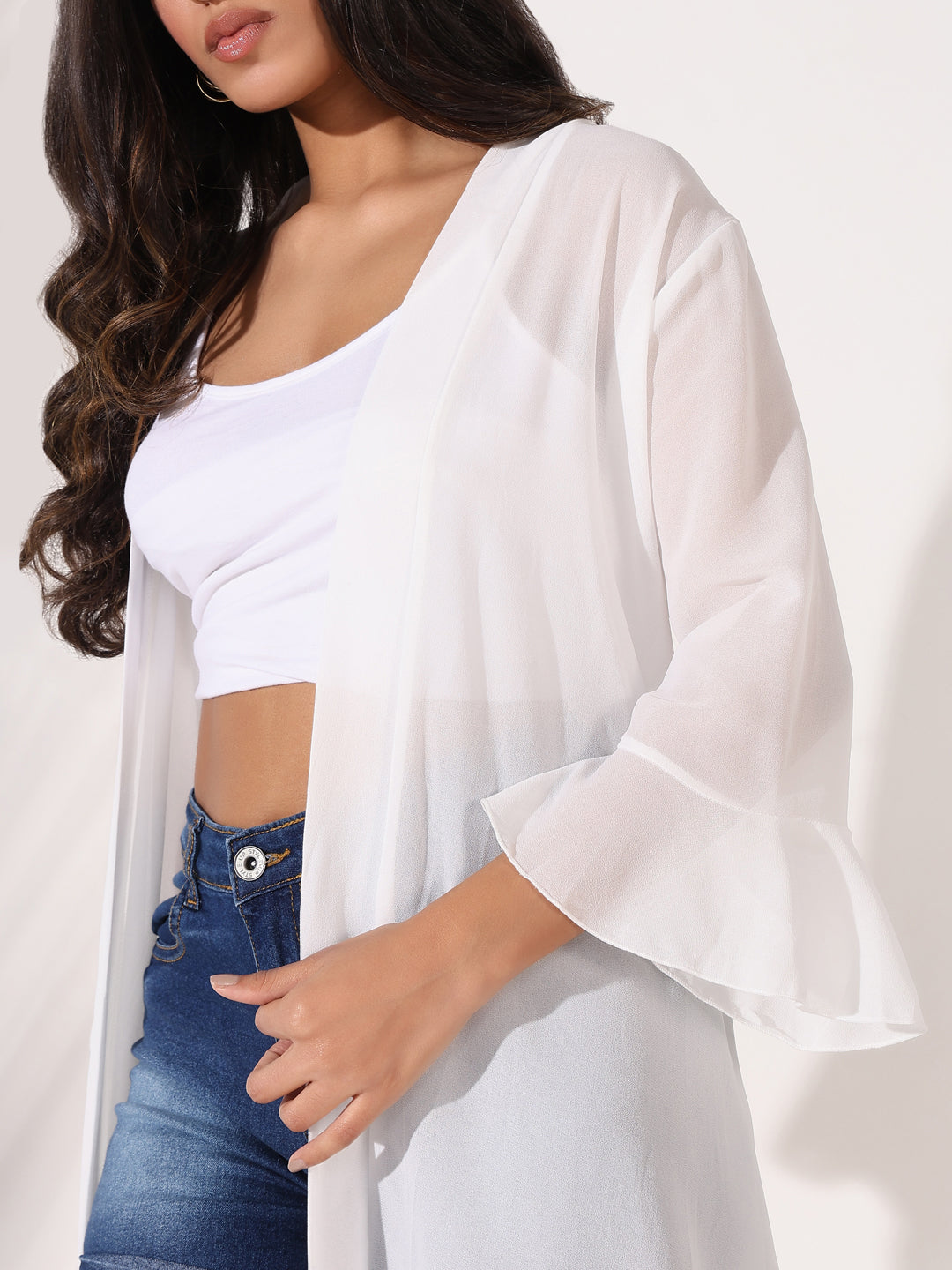 Women White Solid Longline Shrug