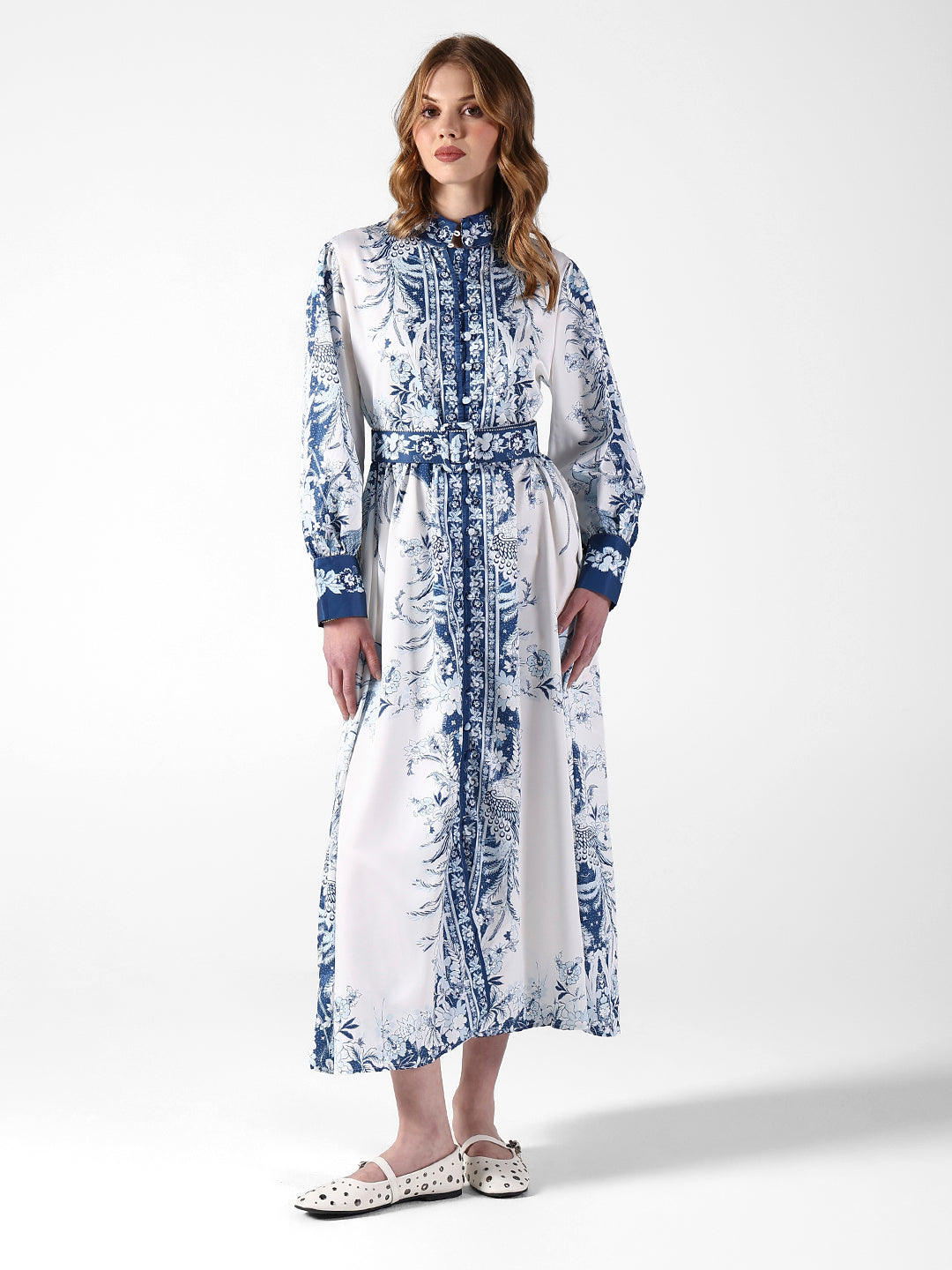 Women's Floral White & Blue Maxi Dress with Mandarin Collar