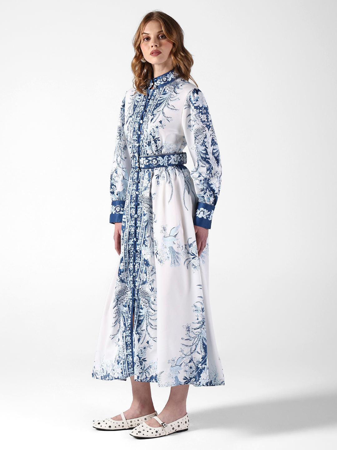 Women's Floral White & Blue Maxi Dress with Mandarin Collar