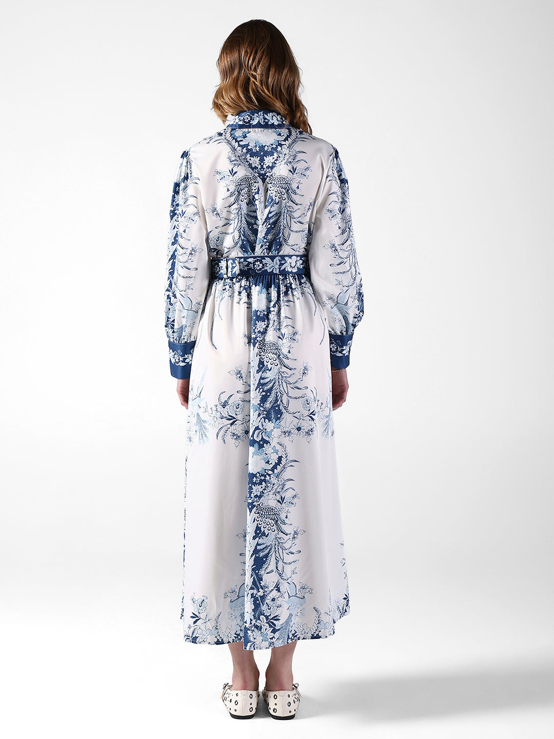 Women's Floral White & Blue Maxi Dress with Mandarin Collar