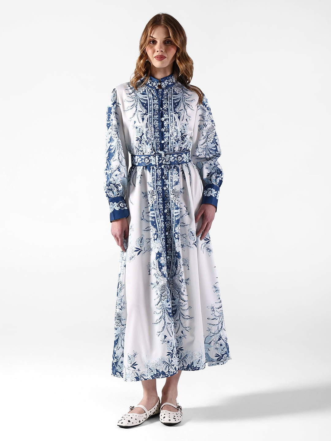 Women's Floral White & Blue Maxi Dress with Mandarin Collar
