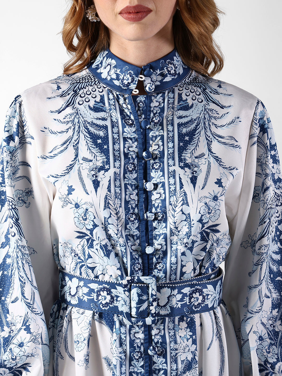 Women's Floral White & Blue Maxi Dress with Mandarin Collar