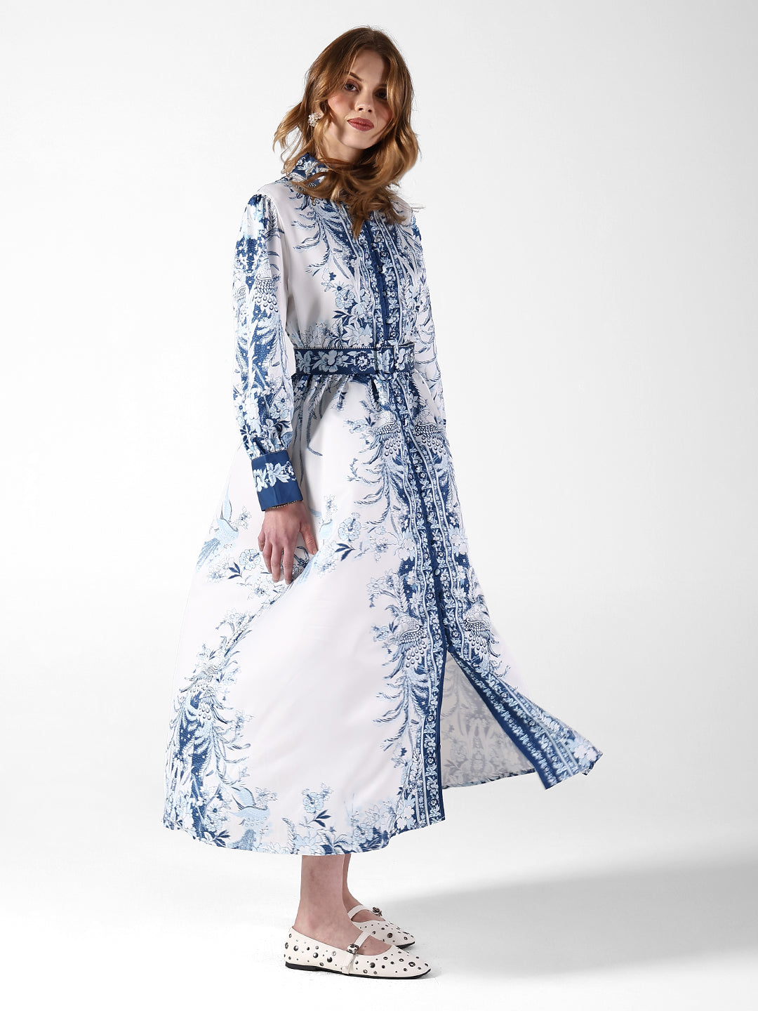 Women's Floral White & Blue Maxi Dress with Mandarin Collar