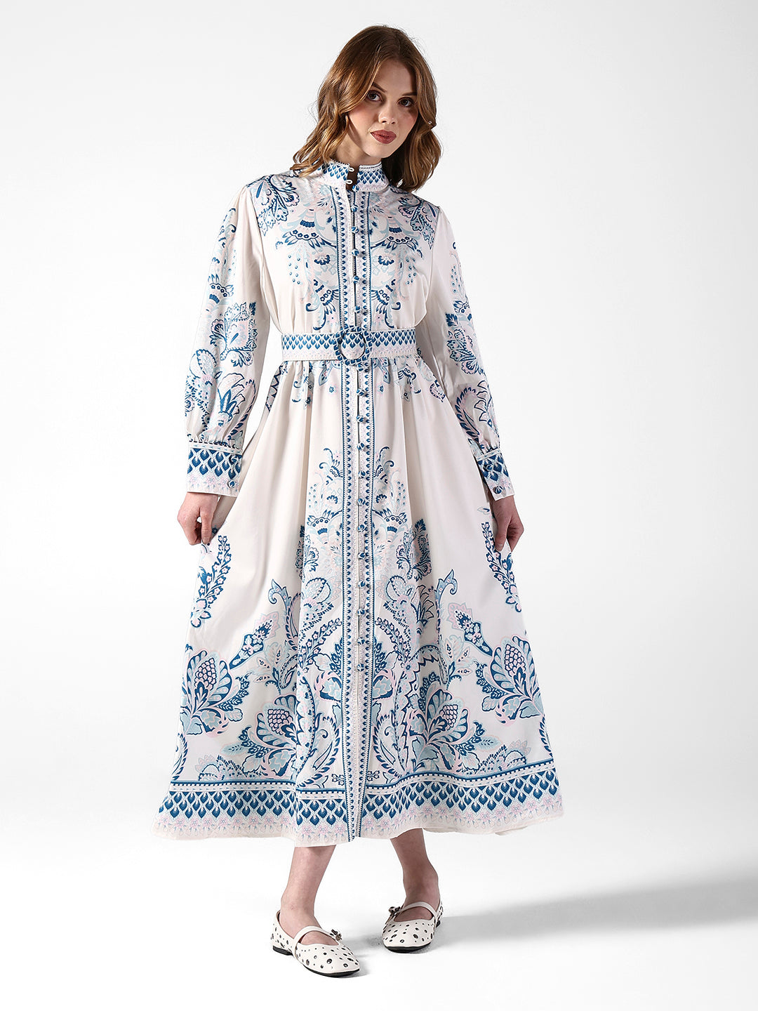 Women's Floral White & Blue Maxi Dress with Belted Waist