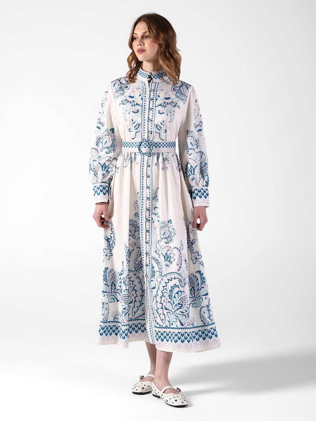 Women's Floral White & Blue Maxi Dress with Belted Waist